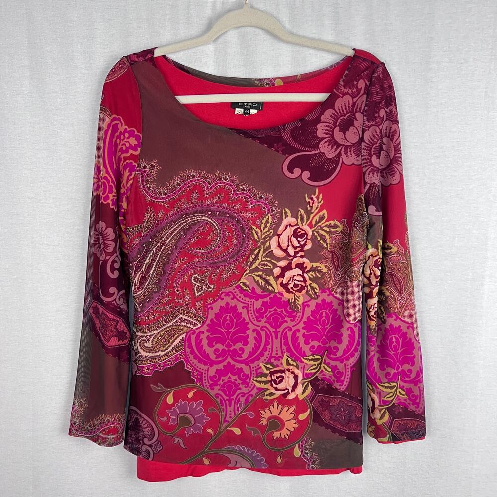 Etro Milano Top Mesh Red Paisley Floral Print Y2K Artsy Boho Festival Rave Fairy